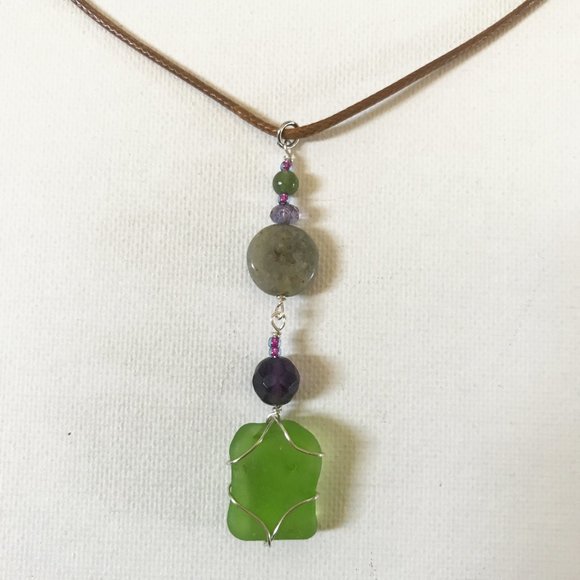 Emerald Sea Glass Brazilian Amethyst Labradorite Jasper Necklace Ocean Surf Boho - Picture 2 of 4
